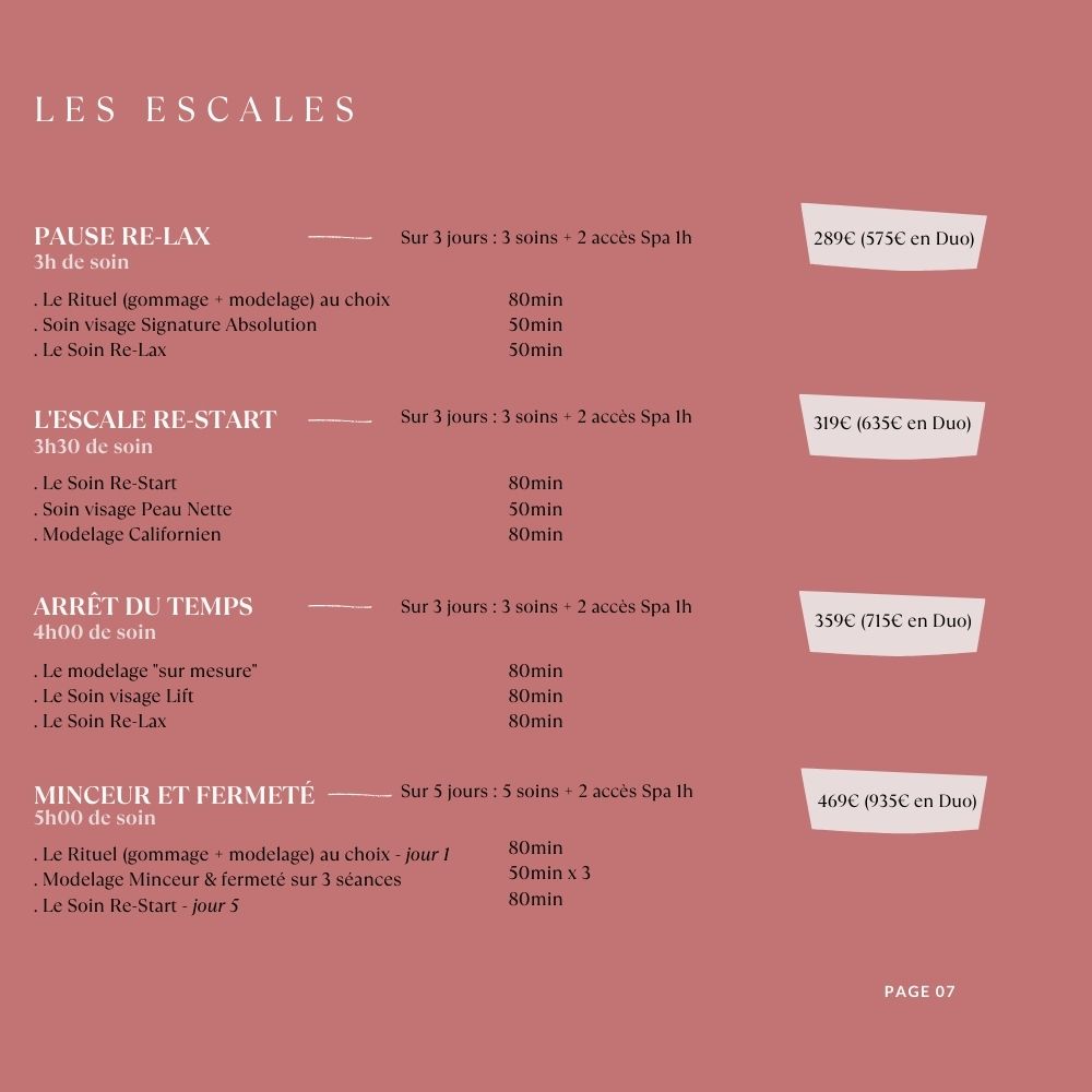 Carte des soins Escales Spa Les Roches Noires